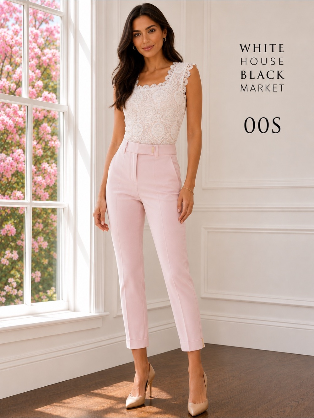 NWT White House Black Market Slim Crop Pants 00S Pale Wisteria Blush Gold Trim